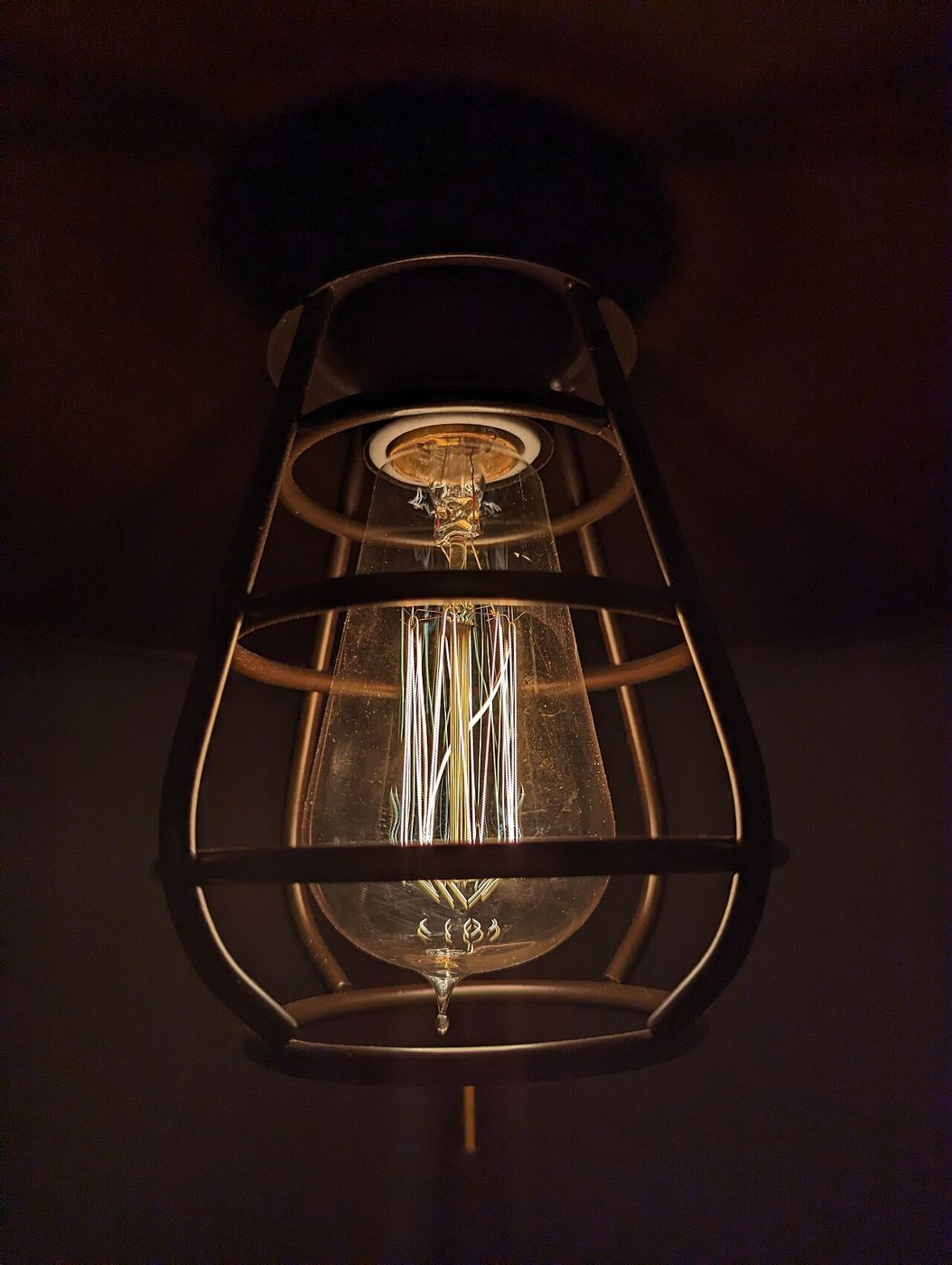 Caged Edison-style pendant glowing warmly