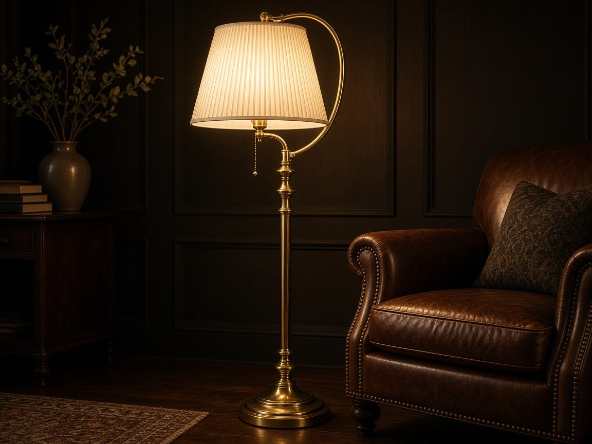 Restored brass floor lamp beside a leather armchair