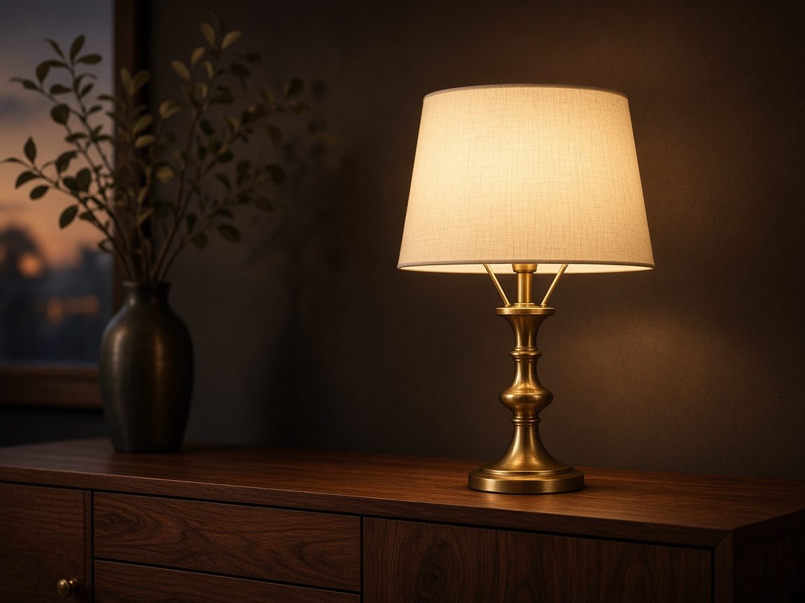 Mid-century brass table lamp with a linen shade, glowing warmly