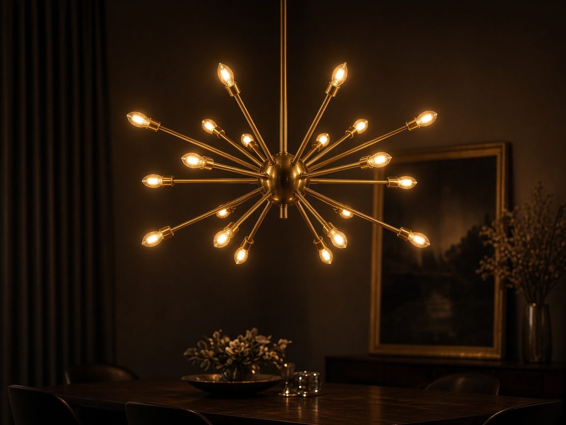 Brass Sputnik chandelier with glowing bulbs over a dining table